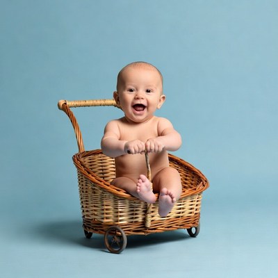 Baby laughing in wicker stroller