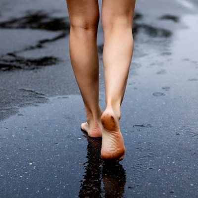 Woman's bare feet walking on wet pavement