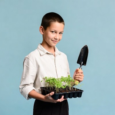 Boy holding seedlings with trowel