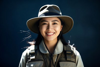 Asian woman in safari hat smiling