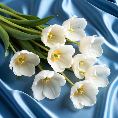 White tulips on blue satin