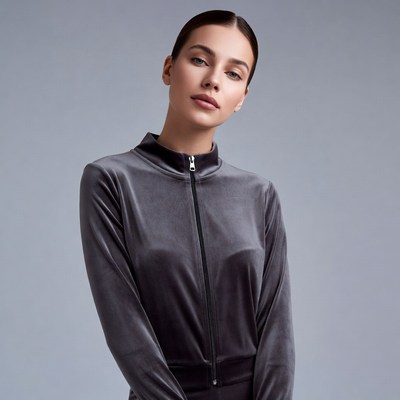 Woman in gray velvet jacket