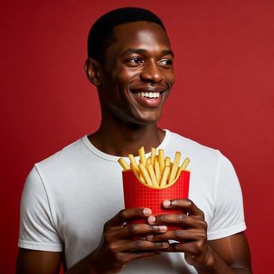 African-American man holding french fries