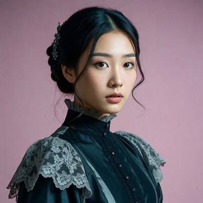Asian woman in Victorian black lace dress