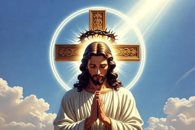 Jesus Christ Praying with Halo and Cross