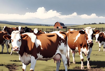 Holstein cows near red barn