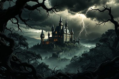 Dark Gothic Castle in Stormy Forest