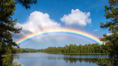 Rainbow over lake and pine forest