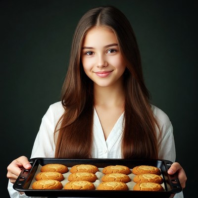 Girl holding tray of cookies