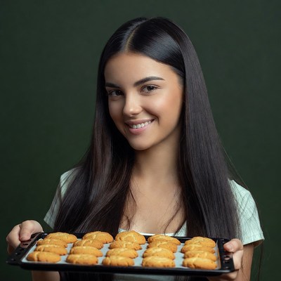 Smiling woman holding fresh cookies