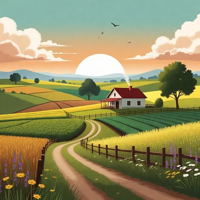 Countryside House at Sunset