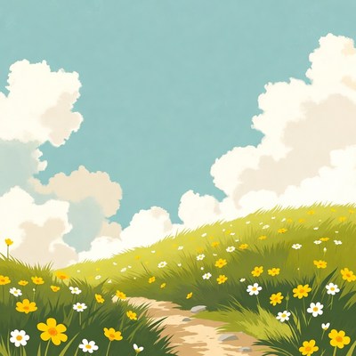 Winding path through yellow flower field