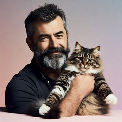 Man holding fluffy Maine Coon cat