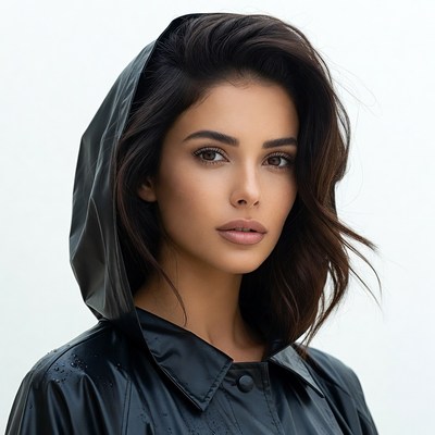 Beautiful woman in black raincoat hood