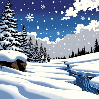 Winter Forest with Snowy Stream