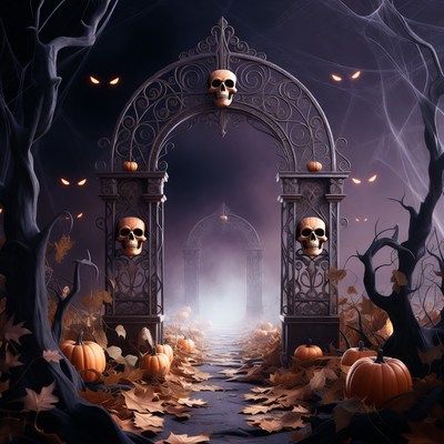 Spooky Skull Gate with Pumpkins