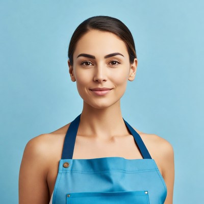 Woman wearing blue apron