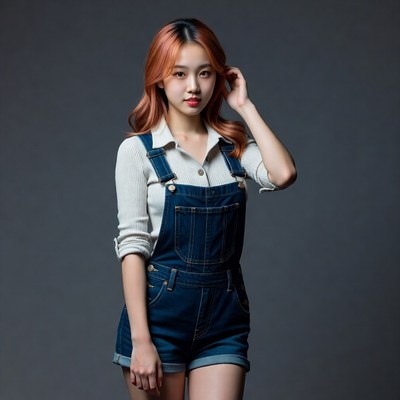 Asian woman in denim overalls