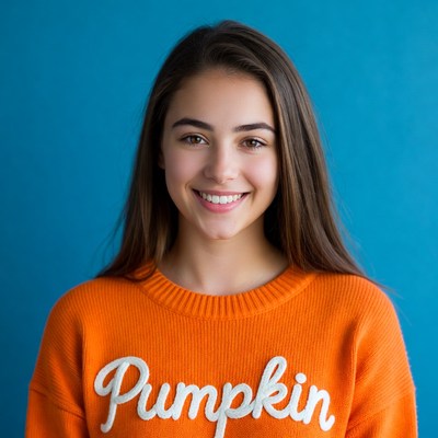 Girl smiling in Pumpkin sweater