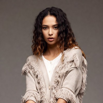 Woman in fringed cardigan