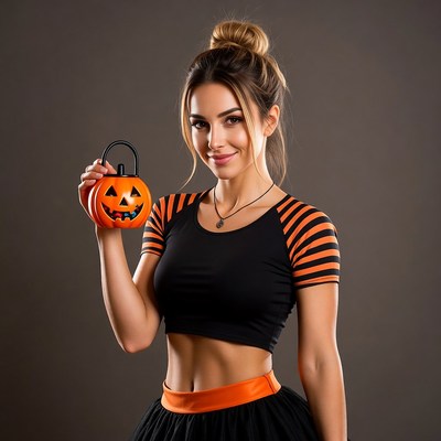 Woman holding jack-o-lantern pumpkin
