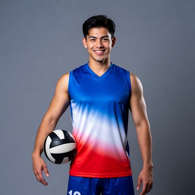 Asian man holding volleyball