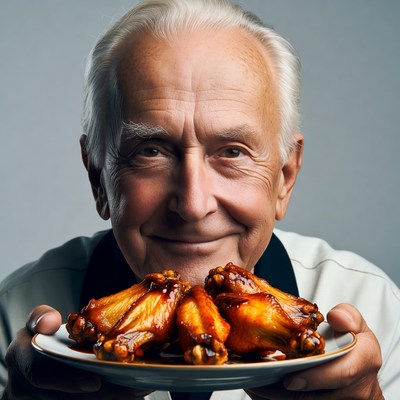 Elderly man holding chicken wings