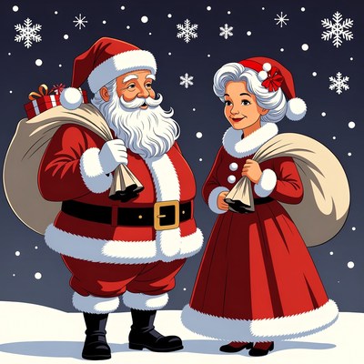 Santa Claus and Mrs. Claus with Bags