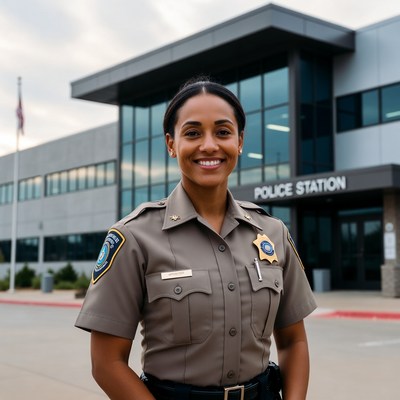 Female police officer in front of station