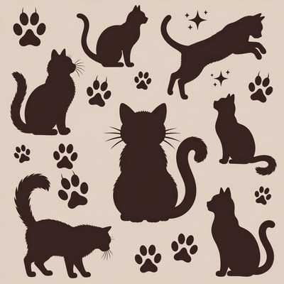 Cat Silhouettes with Paw Prints