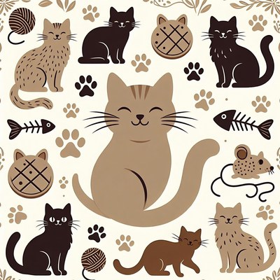 Cute Cats Illustration with Yarn and Toys