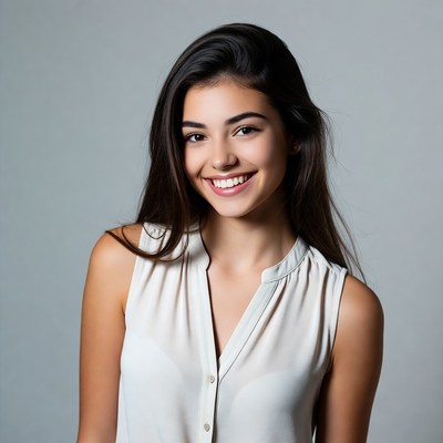 Smiling woman in white sleeveless top