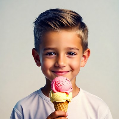 Boy holding pink yellow ice cream cone