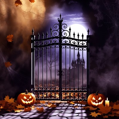 Haunted Castle Gate with Pumpkins