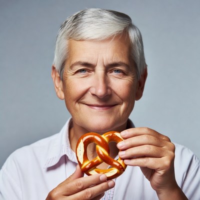 Elderly woman holding pretzel