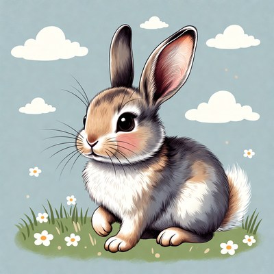 Cute bunny on grass with flowers