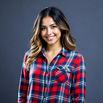 Smiling Latina woman in plaid shirt