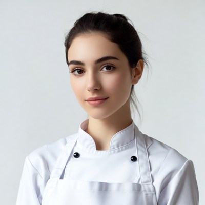 Young woman in white chef uniform