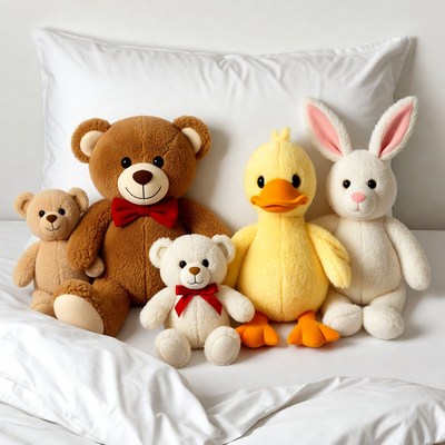Stuffed Animals on White Bed