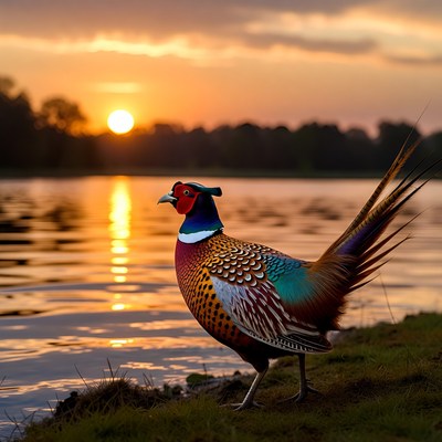 Peacock standing by lake at sunset