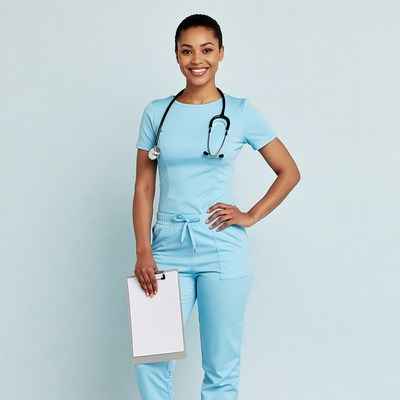 African-American nurse with stethoscope and clipboard