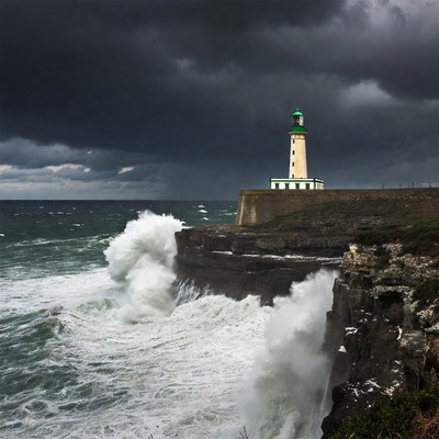 Lighthouse on Cliff Amid Crashing Waves