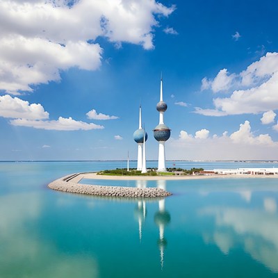 Kuwait Towers on Island in Blue Water