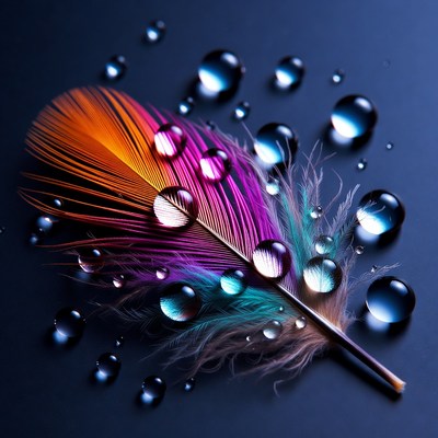 Colorful Feather with Water Droplets