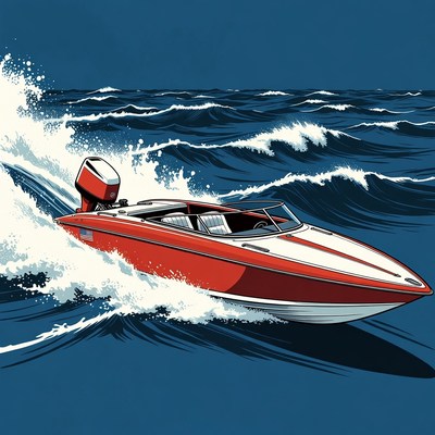 Red speedboat racing through ocean waves