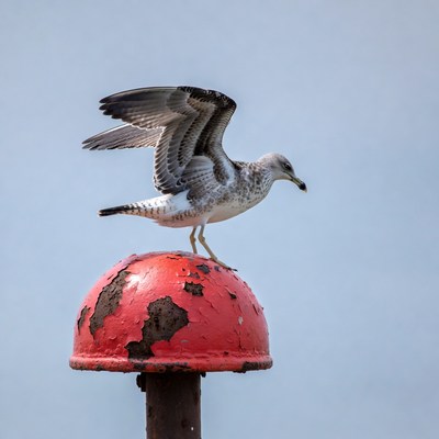 Seagull perched on red buoy