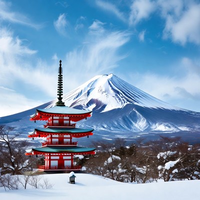 Red Pagoda with Mount Fuji
