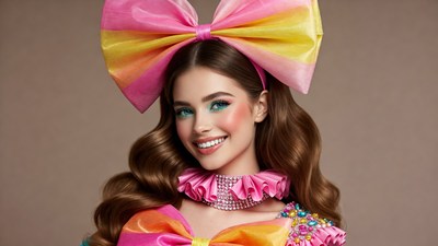 Woman wearing giant pink bow headband