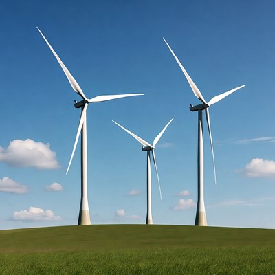 Three Wind Turbines on Green Hill