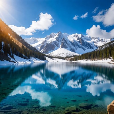 Snowy Mountain Lake with Clear Blue Water